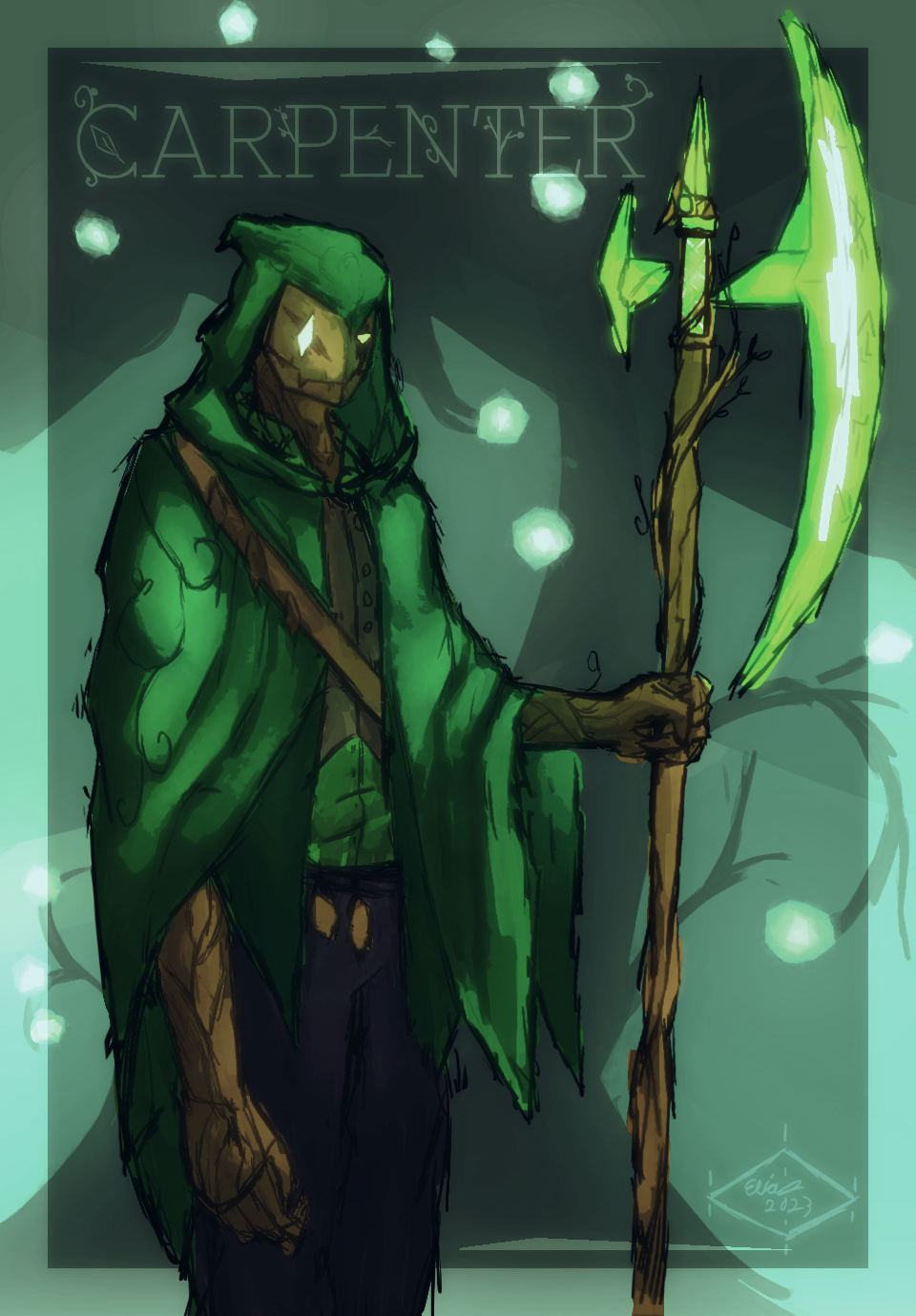 a wizard like character witha large green energy axe and wooden mask